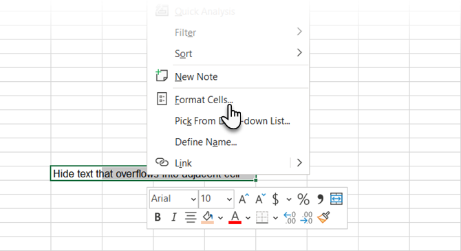 Sélectionnez Formater les cellules pour masquer le texte de débordement dans Excel