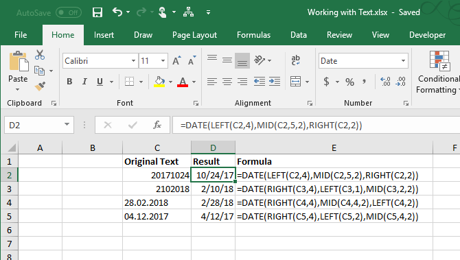 fonctions de texte Excel - Convertir du texte en dates