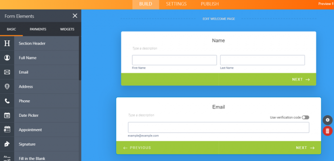 Capture d'écran des formulaires de type de carte dans Jotform