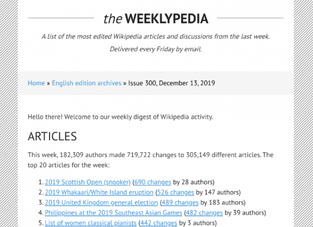 Le Weeklypedia est un résumé de newsletter qui répertorie les articles qui ont obtenu le plus grand nombre de modifications sur Wikipedia au cours de la semaine écoulée, ainsi que de nouveaux articles et des discussions actives