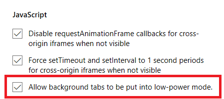 paramètres de Microsoft Edge - onglets de faible puissance