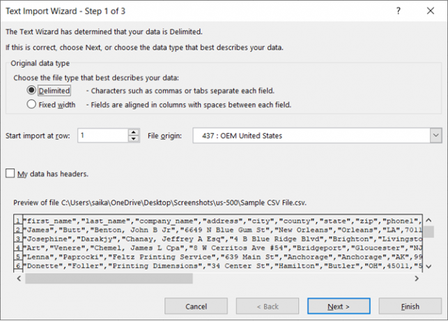 Choisissez le type de fichier délimité dans l'Assistant Importation de texte Microsoft Excel