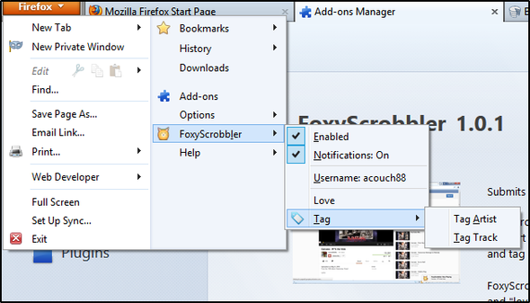 Améliorez Pandora avec ces modules complémentaires de navigateur Chrome et Firefox FoxyScrobbler Menu