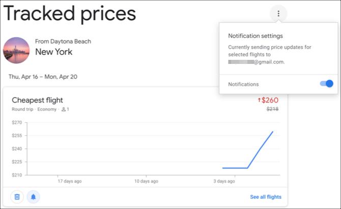 Notifications des prix suivis de Google Flights