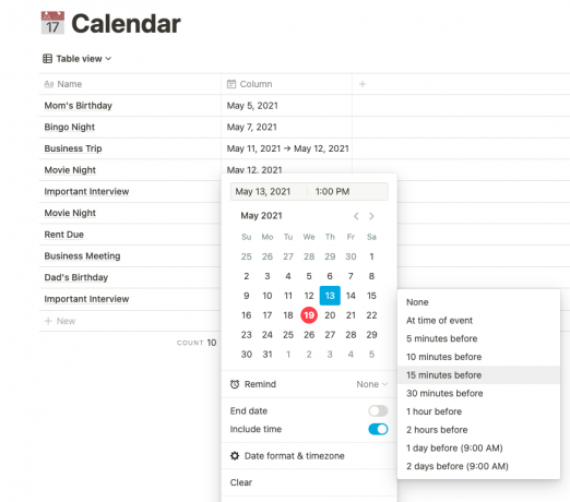 notion calendrier dates propriété
