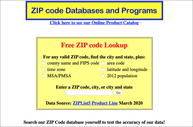 Page principale de Zip Info