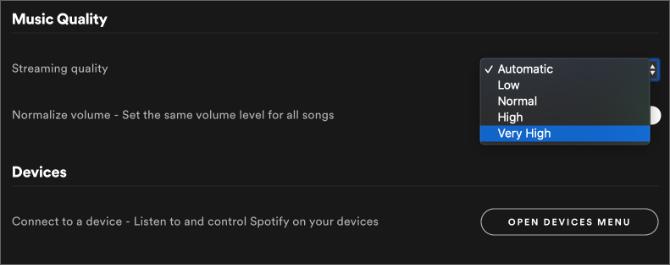 Paramètres Spotify montrant une option de qualité musicale très élevée