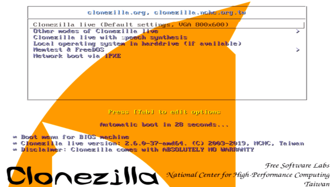 menu d'options de clonezilla