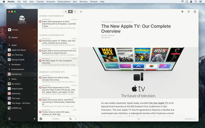 Interface du lecteur RSS Reeder sur Mac