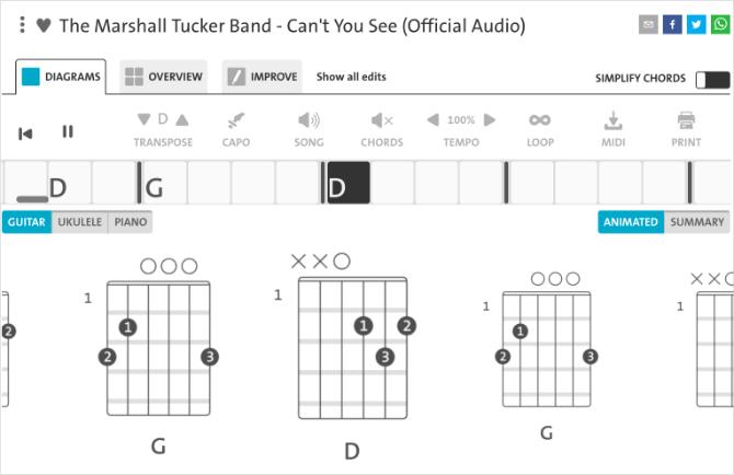 Page Chordify montrant les accords de guitare que vous ne voyez pas