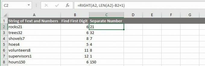 Séparez un nombre du côté droit d'une chaîne de texte et de nombres dans Excel.