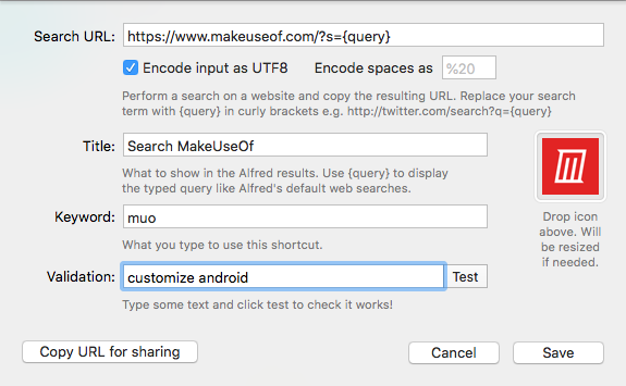 configuration d'Alfred recherche personnalisée pour makeuseof