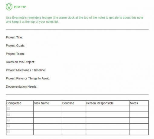 Modèle de plan de projet Evernote