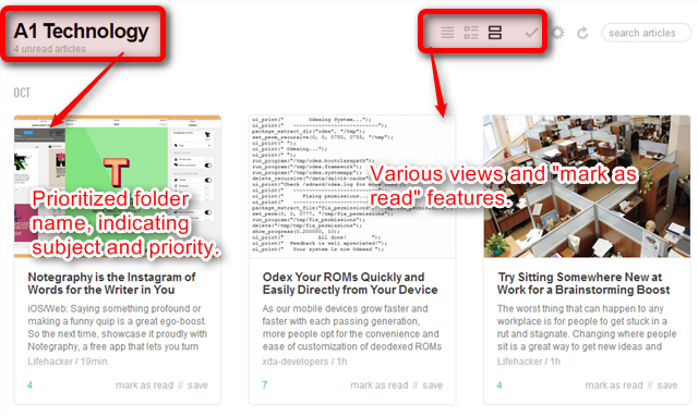 dossiers et vues dans feedly