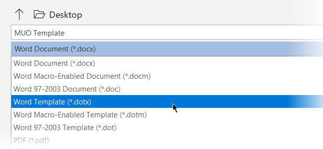 Option d'enregistrement de fichier pour le format de modèle de document