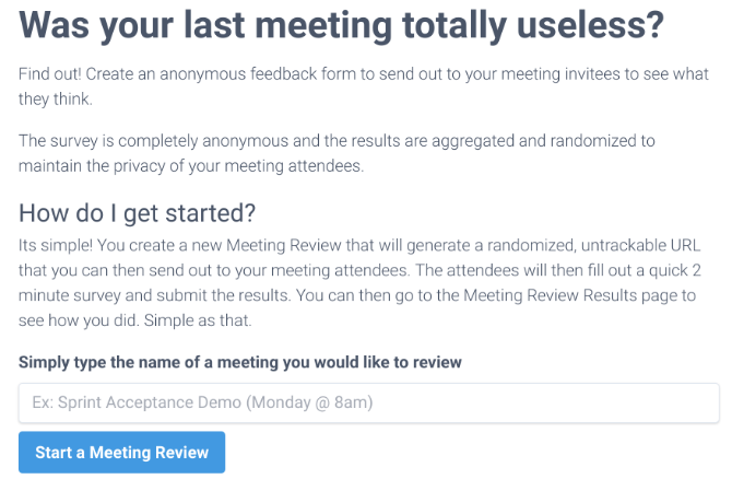 Useless Meetings a un formulaire de rétroaction anonyme pour que les employés disent aux managers ce qu'ils pensent des réunions d'équipe