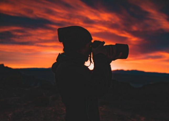 Personne, tenue, appareil photo, Coucher soleil