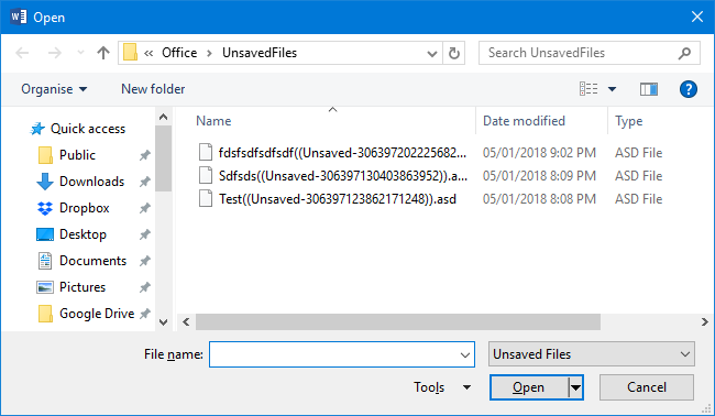 dossier unsavedfiles pour récupérer un document Word non enregistré