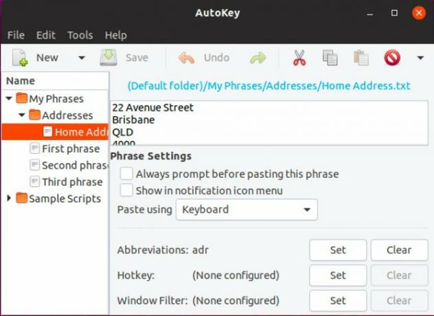 Configuration d'un extrait dans AutoKey