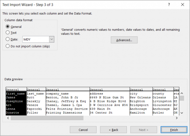 Format de données de colonne dans l'assistant d'importation de texte d'Excel