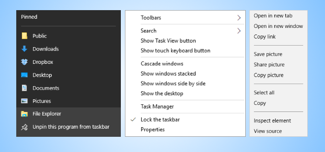 interface des menus contextuels de Windows 10