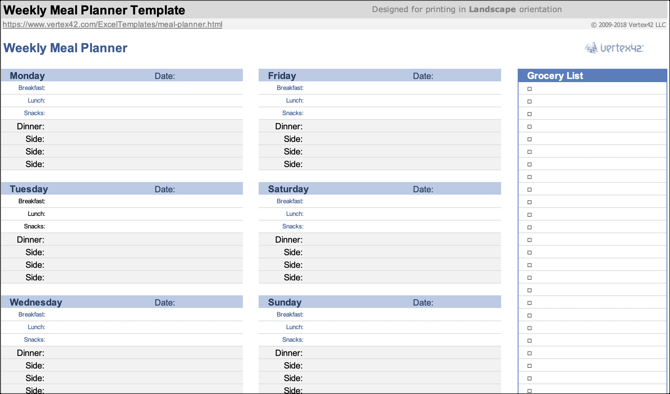 Modèle Excel de planificateur de repas