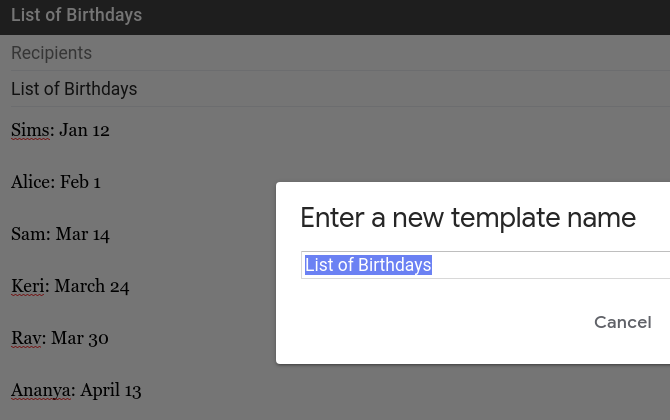 réponse standardisée pour la liste des anniversaires dans Gmail