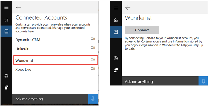 cortana connect étapes wunderlist