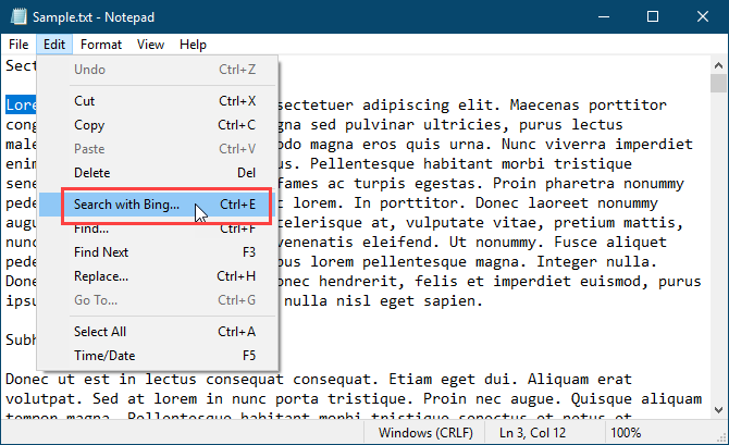 Rechercher avec Bing dans le Bloc-notes