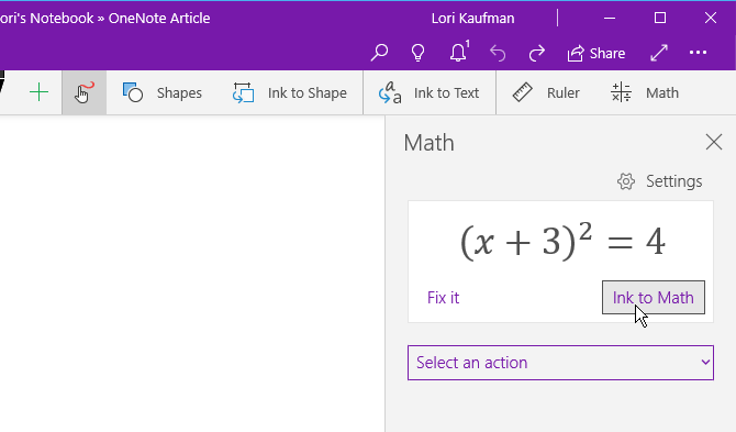 Cliquez sur Ink to Math dans l'onglet Draw