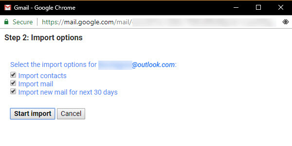 Options d'importation Gmail