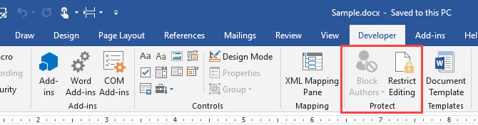 Section Protéger de l'onglet Développeur dans Microsoft Word