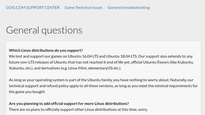GOG.com affichant les versions prises en charge de Linux