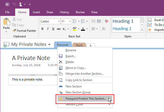 Sélectionnez Protéger par mot de passe cette section dans OneNote 2016