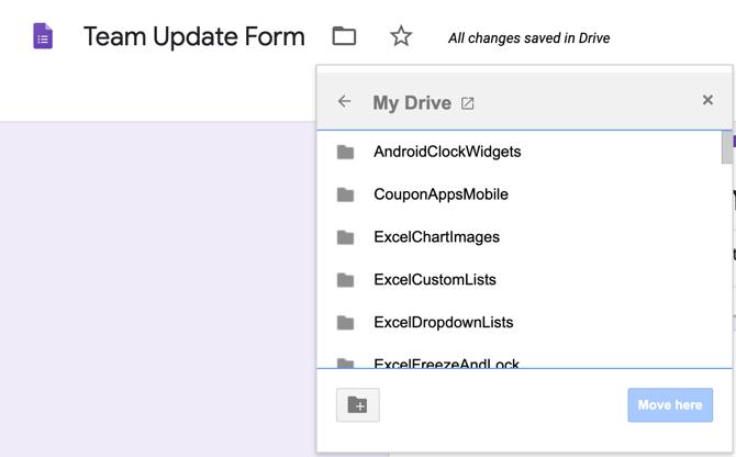 Nom et emplacement de Google Forms