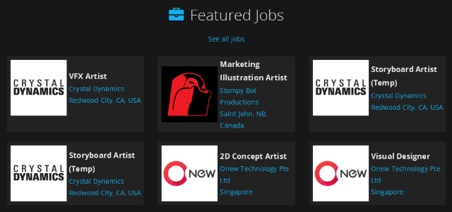 Capture d'écran des offres d'emploi du site Web ArtStation