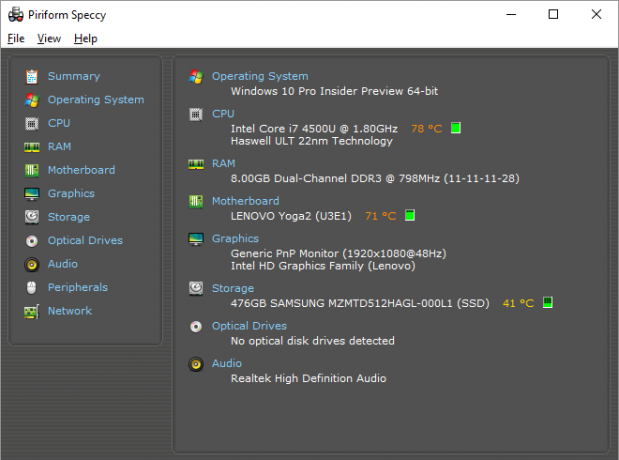 Il s'agit d'une capture d'écran de l'un des meilleurs programmes Windows. Ça s'appelle Piriform Speccy