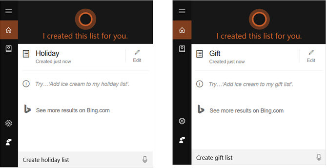 cortana créer des listes
