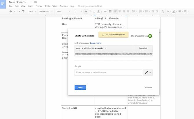 planification de voyage google docs