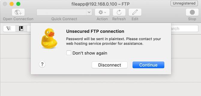 Avertissement FTP non sécurisé dans CyberDuck