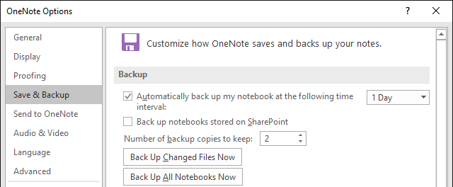 Options de sauvegarde OneNote