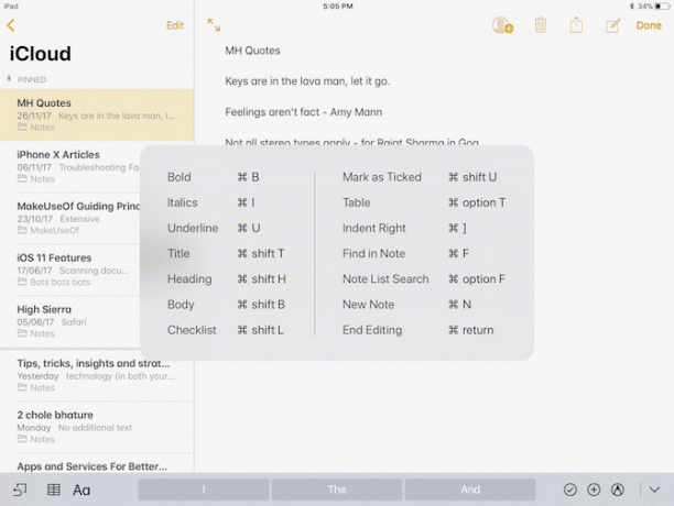 Affichage des raccourcis clavier de l'iPad