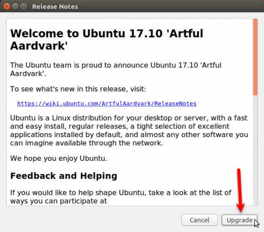 Boîte de dialogue Notes de publication pour la mise à niveau vers Ubuntu 17.10