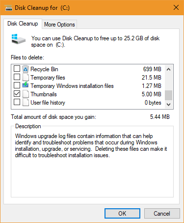 Options de nettoyage de disque Windows