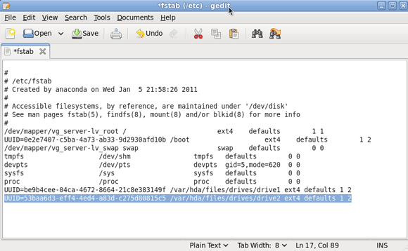 Configuration d'un serveur domestique Amahi - Ajout d'un lecteur à votre serveur [Linux] 9 copie dans fstab