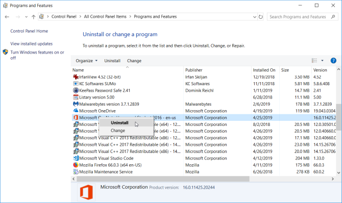 désinstaller Microsoft Office du Panneau de configuration