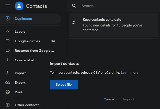 Importation de contacts Google