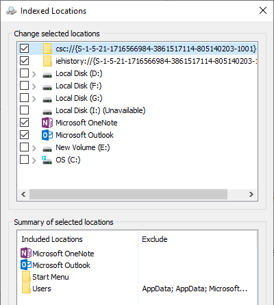 répertoires des emplacements de recherche d'index Windows