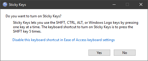 Boîte de dialogue Windows Sticky Keys