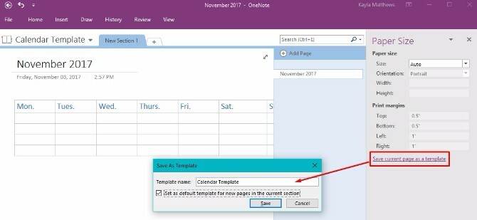 créer un modèle de calendrier onenote